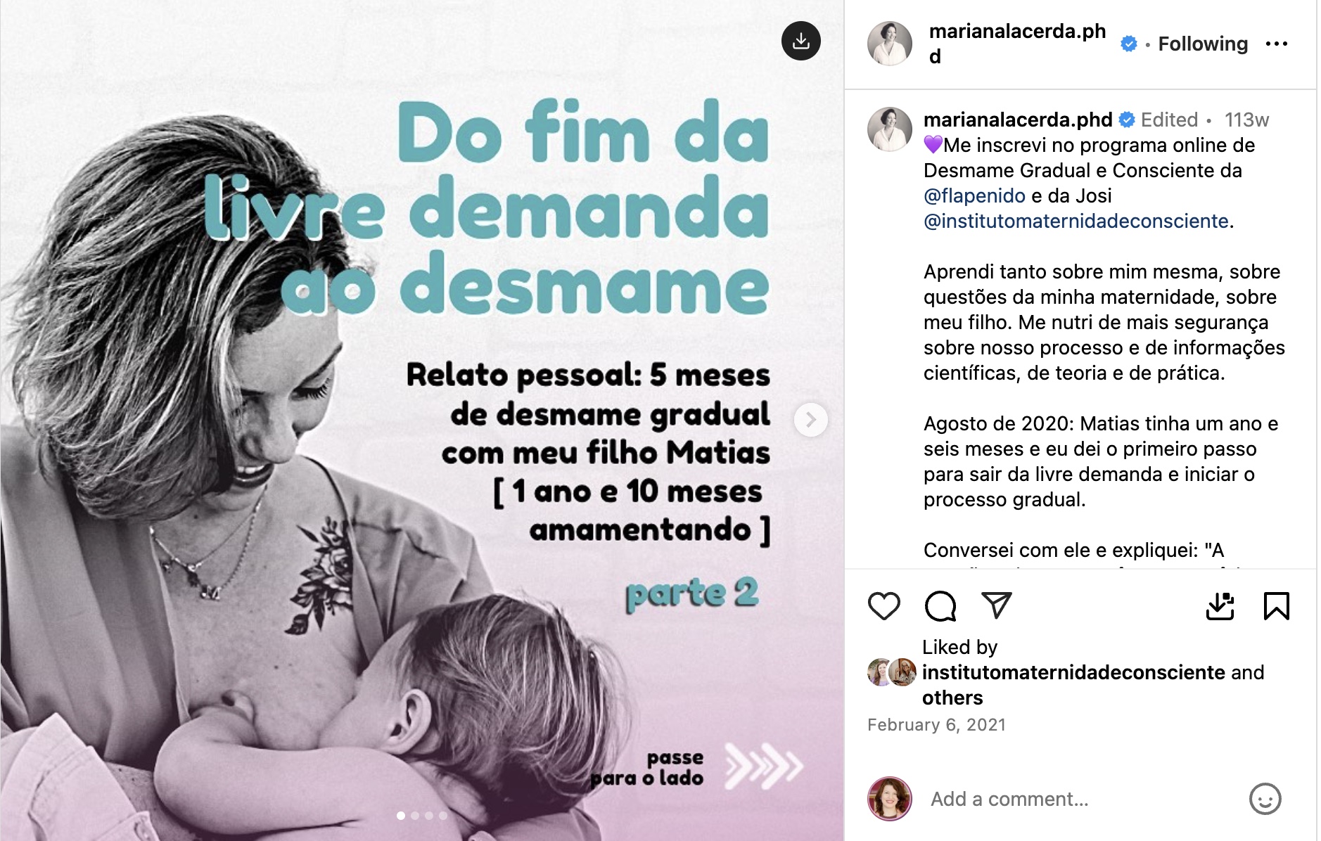 Depoimento de Mariana Lacerda no Instagram sobre o Desmame Gentil